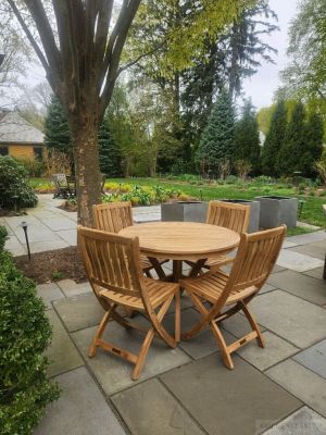 Teak ROund Pedestal Table , Providence Folding Side Chairs Customer Photo