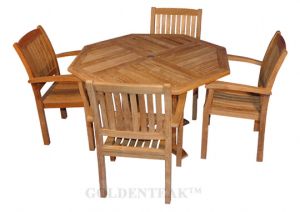 Teak Dining Set Octagon Table (52 in D), 4 Teak Millbrook Chairs