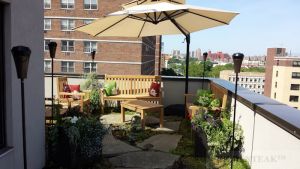 Teak Block Island Bench and Chair set with Coffee Table - rooftop- NYC- customer photo