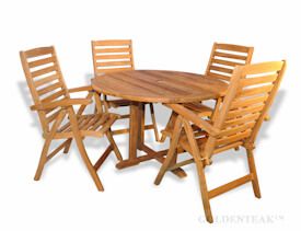 Teak Outdoor Dining Set with round table and four reclining chairs